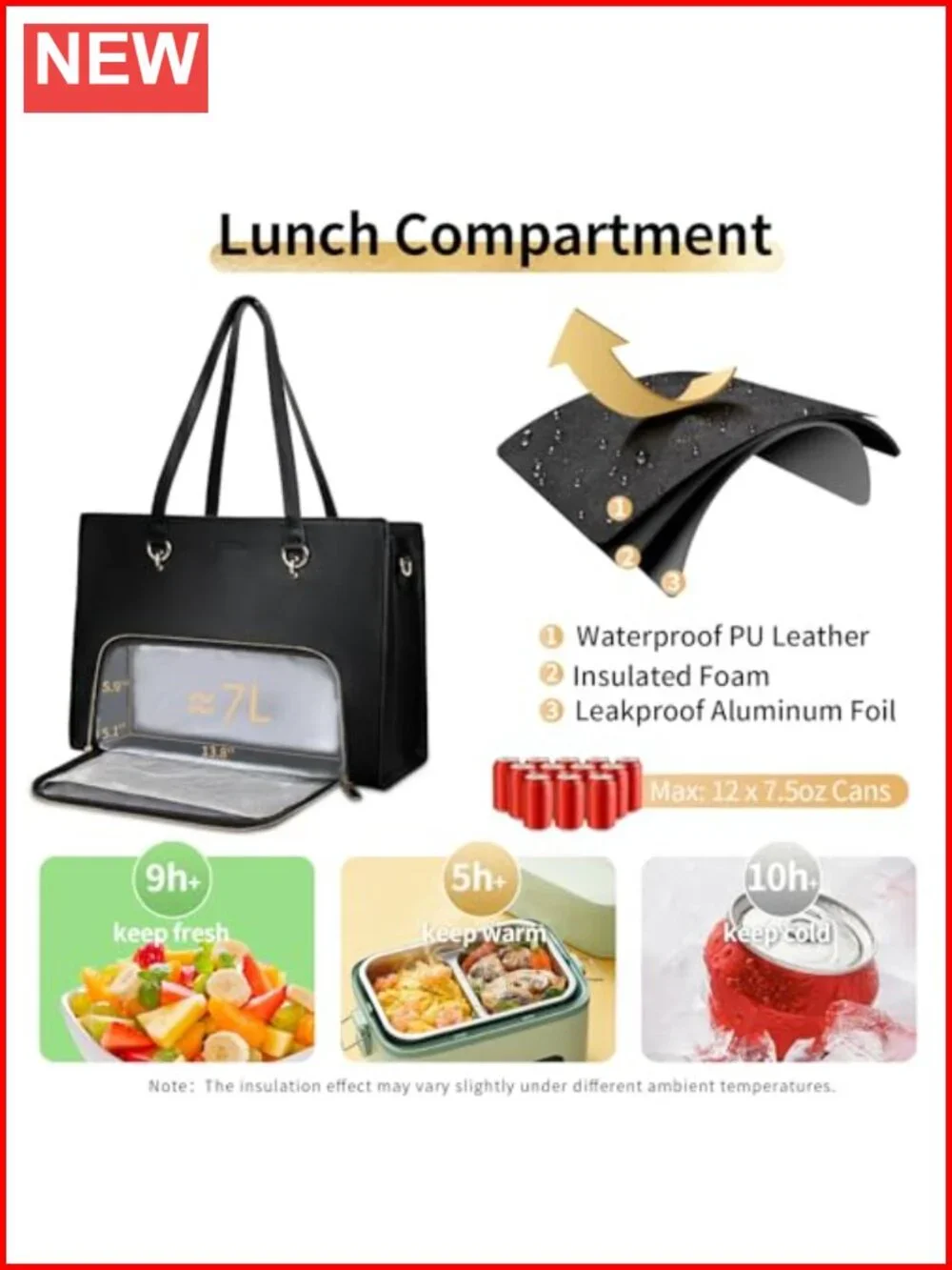 Women's PU Leather Laptop Tote Bag with Insulated Lunch Compartment, 17.3 inch,